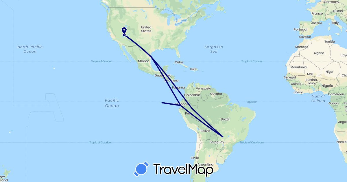 TravelMap itinerary: driving in Brazil, Ecuador, Peru, United States (North America, South America)